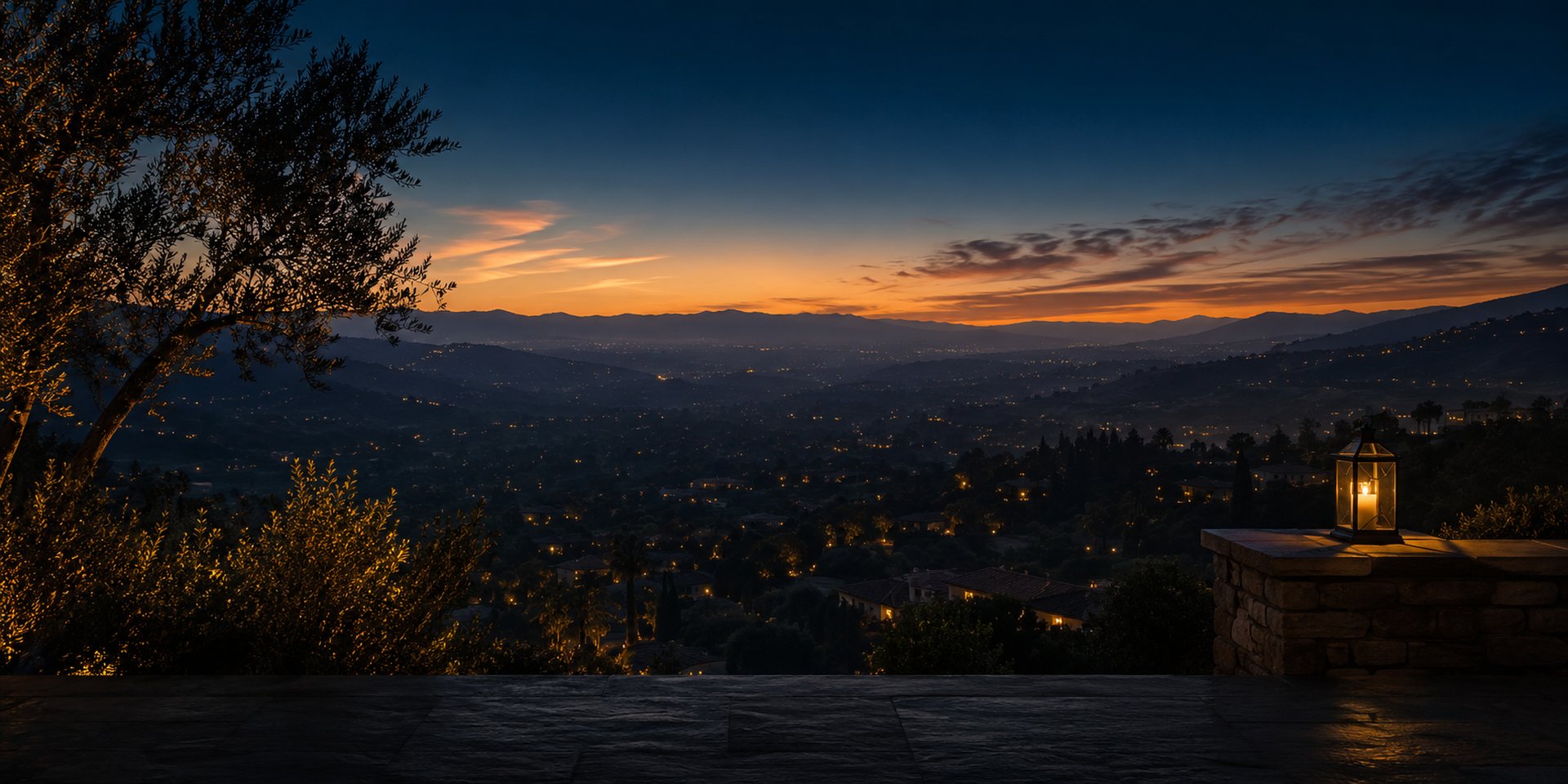 Twilight over hillside homes
