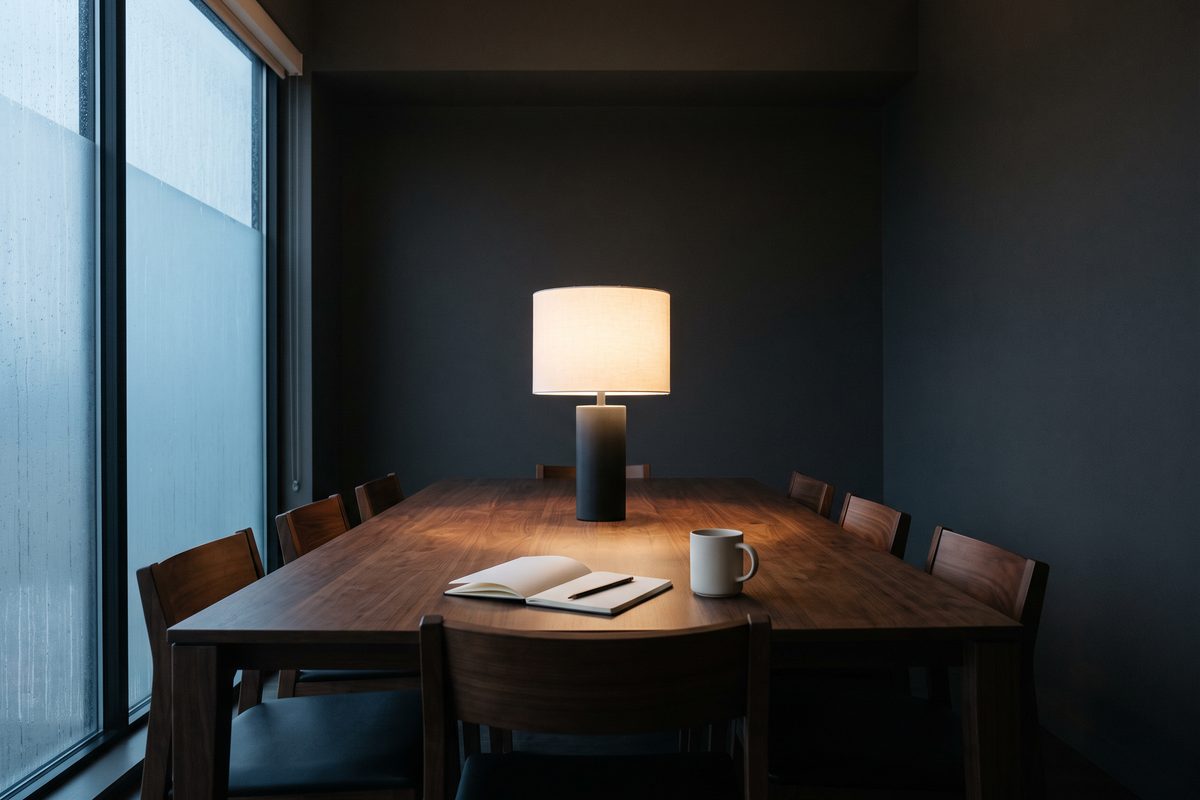 AI generated image: a lit lamp on a long wooden table with an open blank notebook, a pencil and a mug, rain on the window at left.