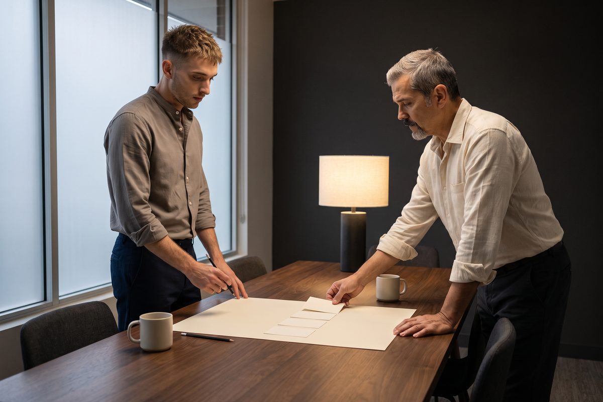AI generated image: two figures, one an AI character, standing at a long table, one sliding a blank card onto a large blank sheet while the other holds a pencil above it.