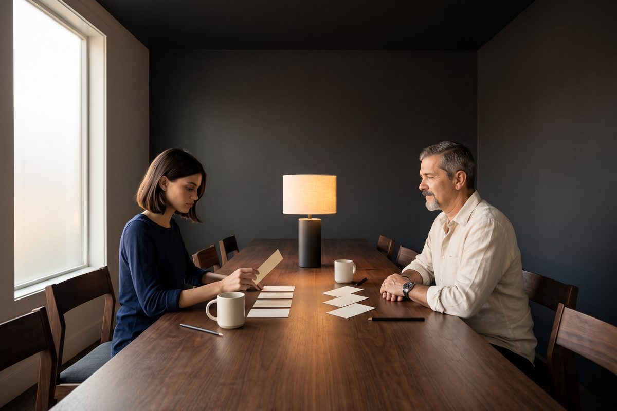 AI generated image: two figures, one an AI character, seated across a wooden table by a window, with blank cards in front of each.